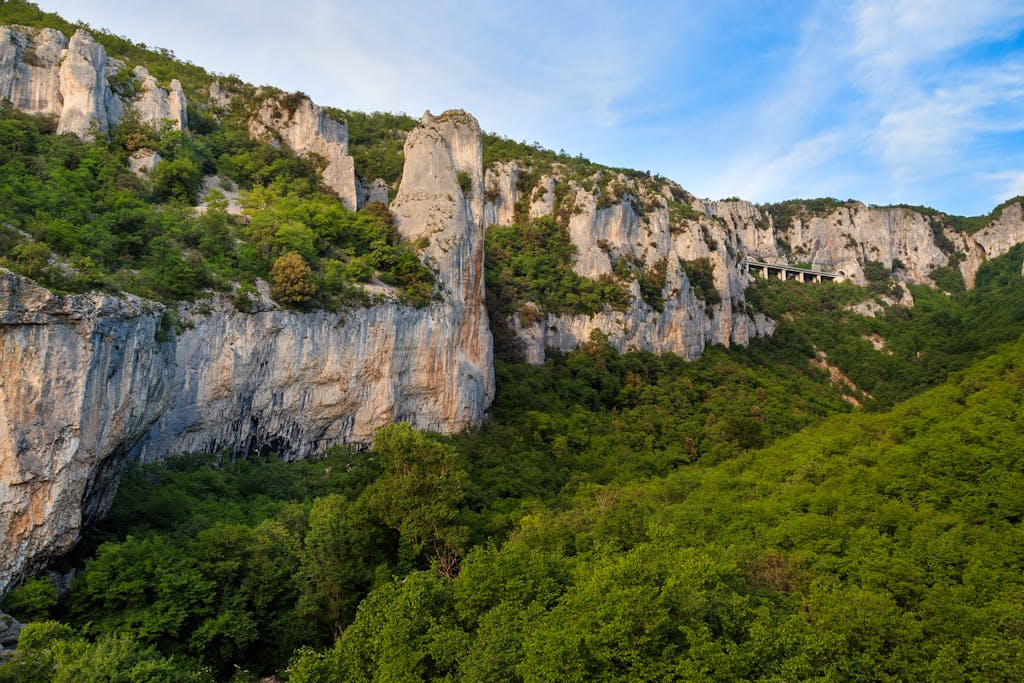 A stunning view of Vela Draga's towering cliffs and lush forests in Croatia's natural landscape.